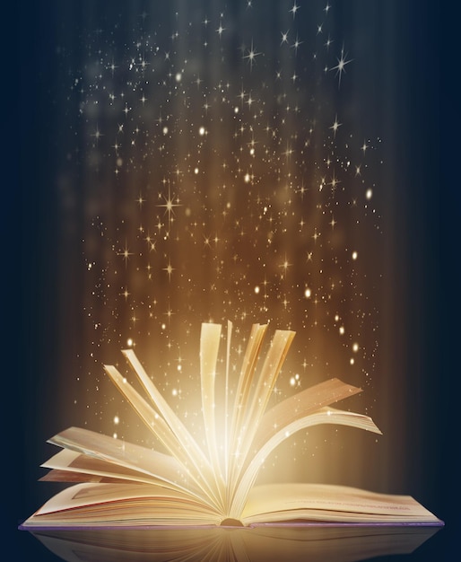 Buch Märchen und Seiten zum Lesen und Geschichte mit Lichtern leuchtend und funkelnd auf Mockup Kreativer Roman Glitter und Sterne für magische Fiktion und Schimmer für Glanz und surreal für hell und Bild
