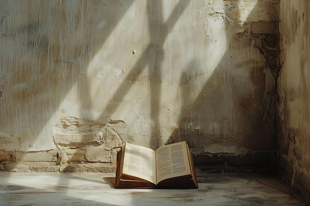 Buch Schatten auf der Wand offen und einladend mit einem beigen Hintergrund Kreatives Foto eines eleganten Hintergrunds