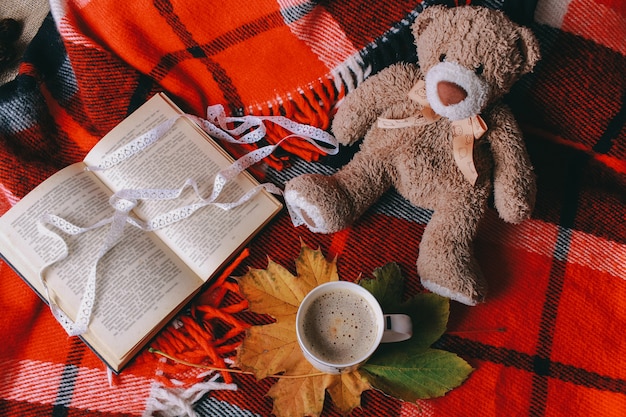 Buch- und Herbstblätter auf rotem Plaid. herbst flach lag