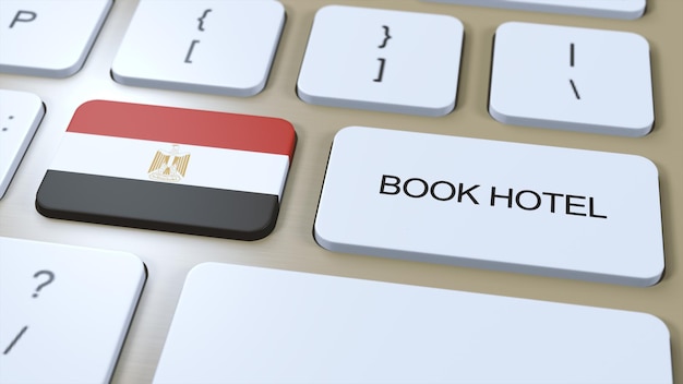 Buchen Sie ein Hotel in Ägypten mit einer Website online. Schaltfläche auf der Computertastatur. Reisekonzept 3D