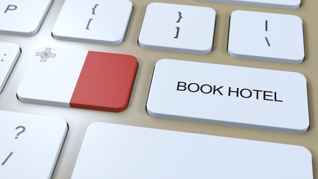 Buchen Sie ein Hotel in Malta mit einer Website online. Schaltfläche auf der Computertastatur. Reisekonzept 3D