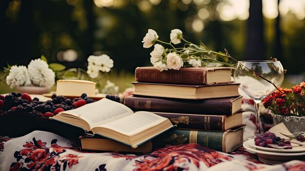 Foto buchen sie picknicks, legen sie bücher auf eine picknickdecke und genießen sie literatur in der freien natur