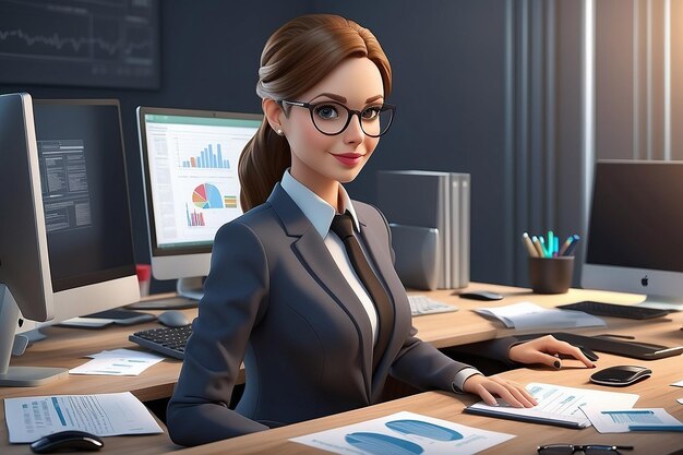 Buchhalterin, Geschäftsfrau, Angestellte bei der Arbeit, 3D-Finanzmanager am Computertisch