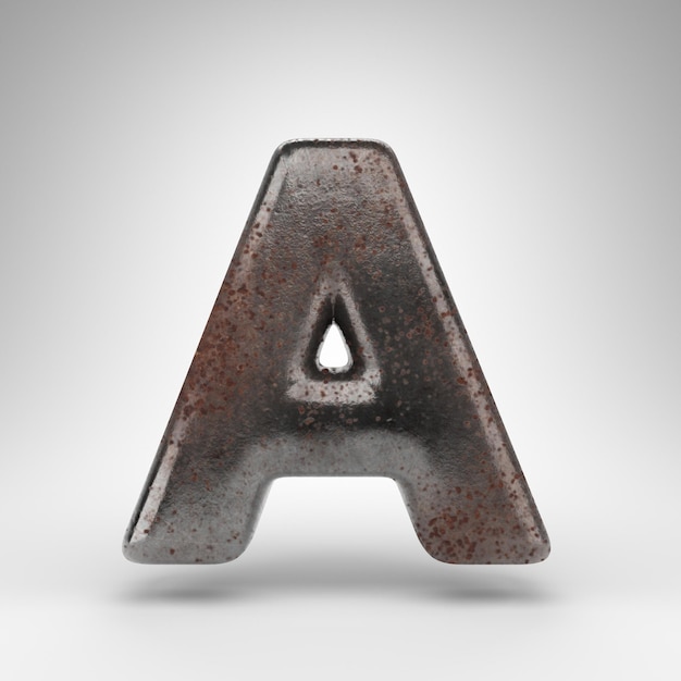 Foto buchstabe a großbuchstaben auf weißem hintergrund. rusty metal 3d gerenderte schriftart mit oxidierter textur.