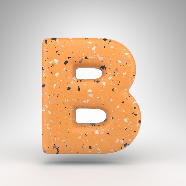 Buchstabe B Großbuchstaben auf weißem Hintergrund. 3D-gerenderte Schriftart mit orangefarbener Terrazzo-Musterstruktur.