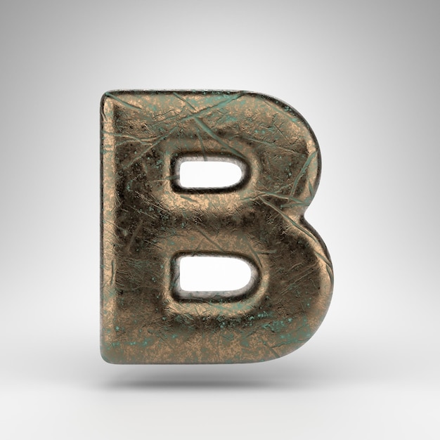 Buchstabe B Großbuchstaben auf weißem Hintergrund. Bronze 3D gerenderte Schriftart mit oxidierter zerkratzter Textur.