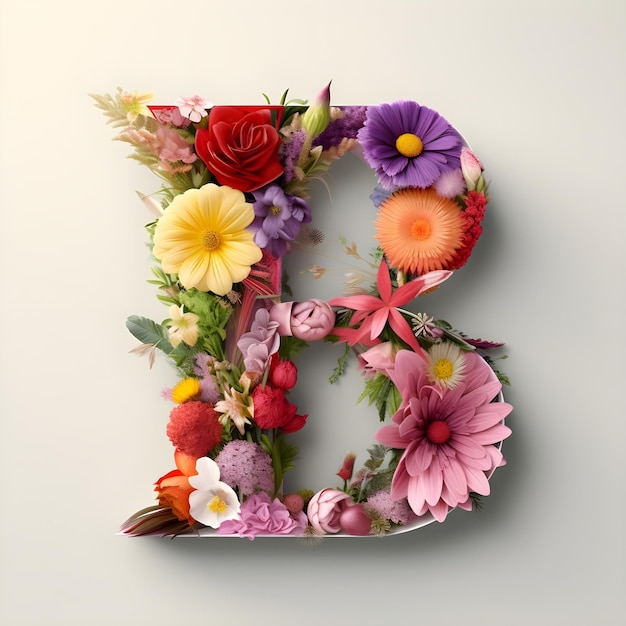 Buchstabe B mit Blumen auf schwarzem Hintergrund 3D-Rendering