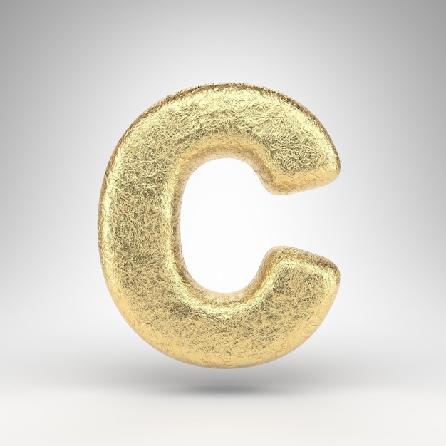 Buchstabe C Großbuchstaben auf weißem Hintergrund. Zerknitterte goldene Folie 3D gerenderte Schriftart mit glänzender Metallstruktur.