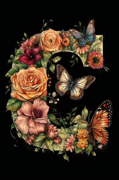 Buchstabe c mit Schmetterlingen und Blumen.