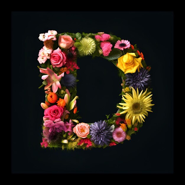 Buchstabe D aus Blumen und Pflanzen auf schwarzem Hintergrund Blumen Schriftkonzept