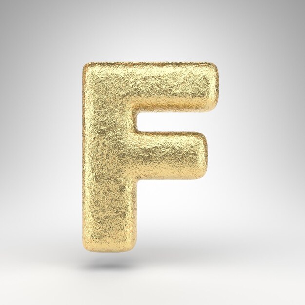 Buchstabe F Großbuchstaben auf weißem Hintergrund. Zerknitterte goldene Folie 3D gerenderte Schriftart mit glänzender Metallstruktur.