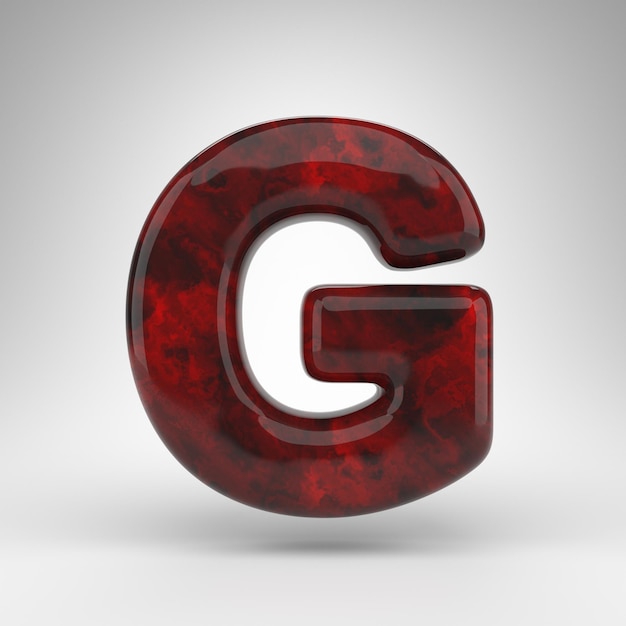 Buchstabe G Großbuchstaben auf weißem Hintergrund. Roter bernsteinfarbener 3D-Buchstabe mit glänzender Oberfläche.