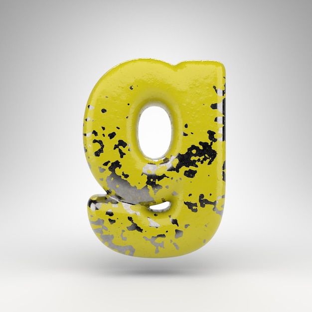 Buchstabe G Kleinbuchstaben auf weißem Hintergrund. 3D gerenderte Schrift mit alter gelber Farbe auf glänzender Metallstruktur.
