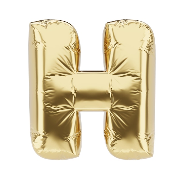 Buchstabe H aus goldenem, aufblasbarem Folienballon, isoliert auf weißem Hintergrund, 3D-Darstellung
