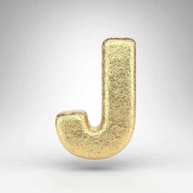 Buchstabe J Großbuchstaben auf weißem Hintergrund. Zerknitterte goldene Folie 3D gerenderte Schriftart mit glänzender Metallstruktur.