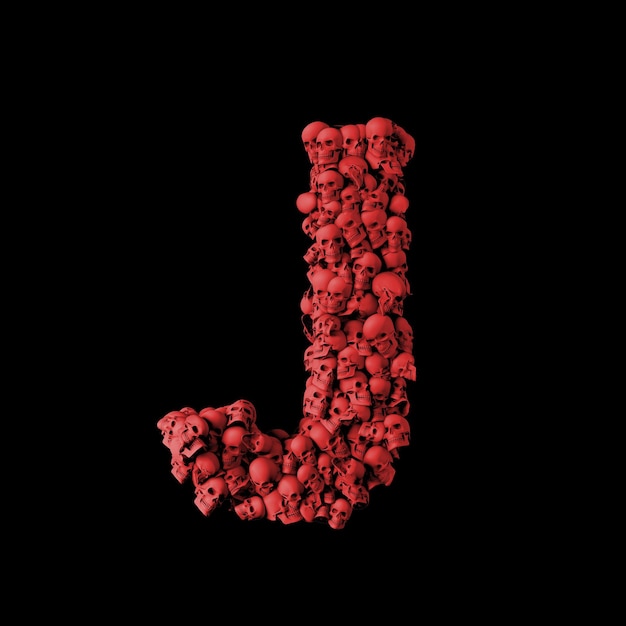 Buchstabe J rote Schädelschriftart aus Schädeln 3D-Rendering