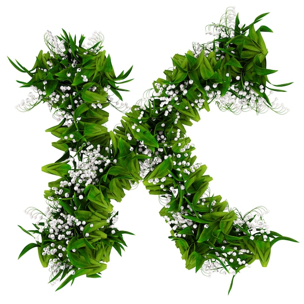 Buchstabe K aus Blumen und Gras, isoliert auf weiss. 3D-Darstellung.