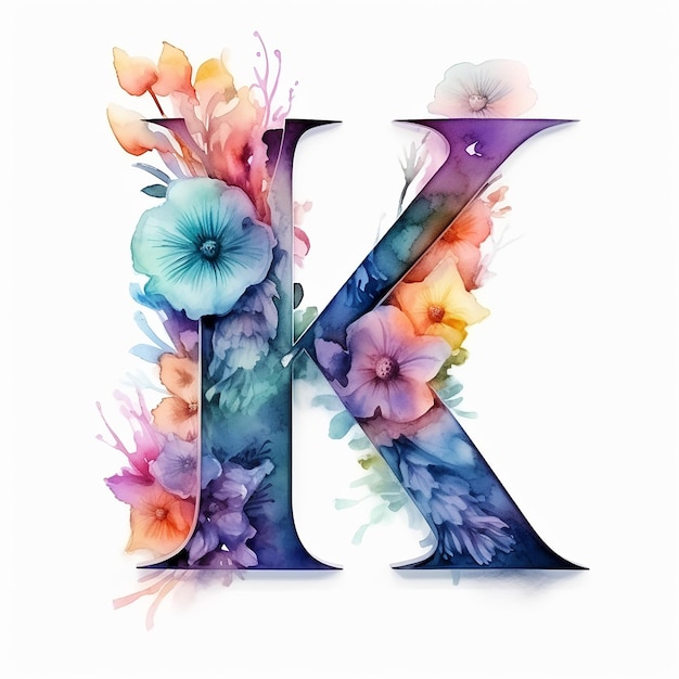 Foto buchstabe k aus wunderschönem aquarell-blumenalphabet auf weißem hintergrund blumenschriftkonzept