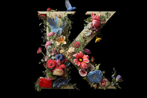 Buchstabe K dekoriert mit Blumen und Vögeln generative KI