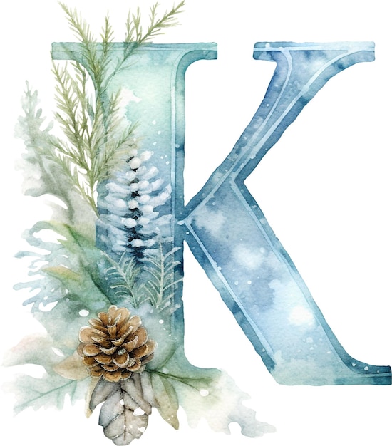 Buchstabe K verziert mit Schneeflocken-Winterwunderland-Aquarell isoliert auf Weiß