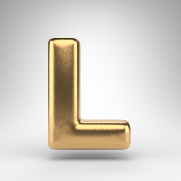 Foto buchstabe l großbuchstaben auf weißem hintergrund. goldene 3d-gerenderte schriftart mit glänzender metallstruktur.