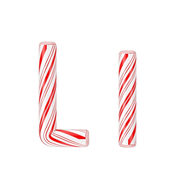 Buchstabe L Mint Candy Cane Alphabet Collection gestreift in roter Weihnachtsfarbe auf weißem Hintergrund. 3D-Rendering