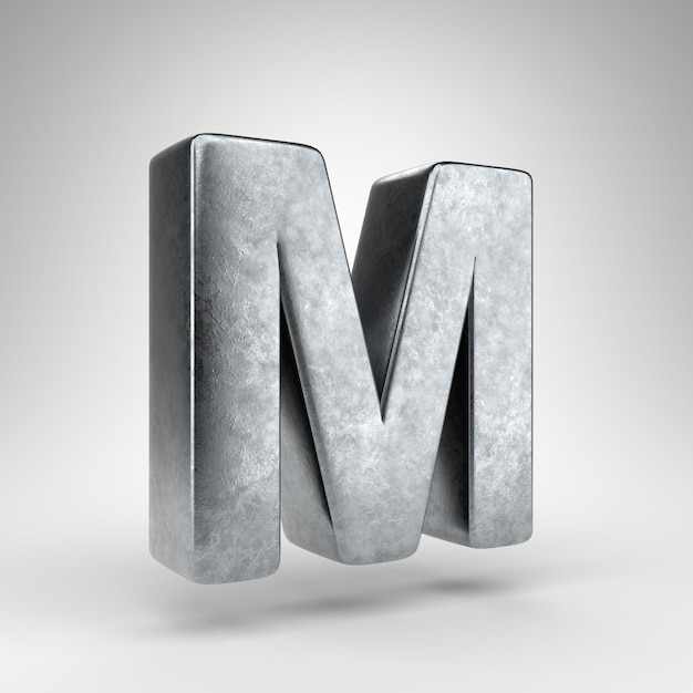 Buchstabe M Großbuchstaben auf weißem Hintergrund. Gun Metal 3D gerenderte Schriftart mit grober Metallstruktur.