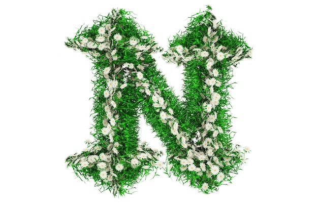 Buchstabe N des grünen Grases und der Blumen. Schriftart für Ihr Design. 3D-Illustration.