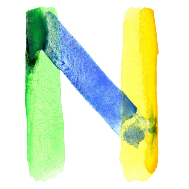 Buchstabe n - lebendiges aquarell-alphabet. farben ähneln der flagge brasiliens