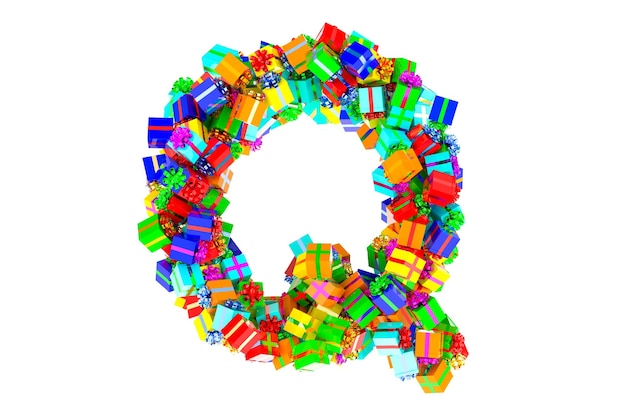 Buchstabe Q aus farbigen Geschenkboxen 3D-Rendering