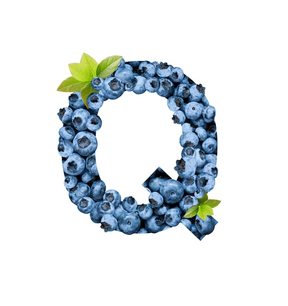 Buchstabe Q, hergestellt mit frischen Blaubeeren, isoliert auf weiss. Bluberries-Schriftart des vollständigen Alphabets aus Großbuchstaben.