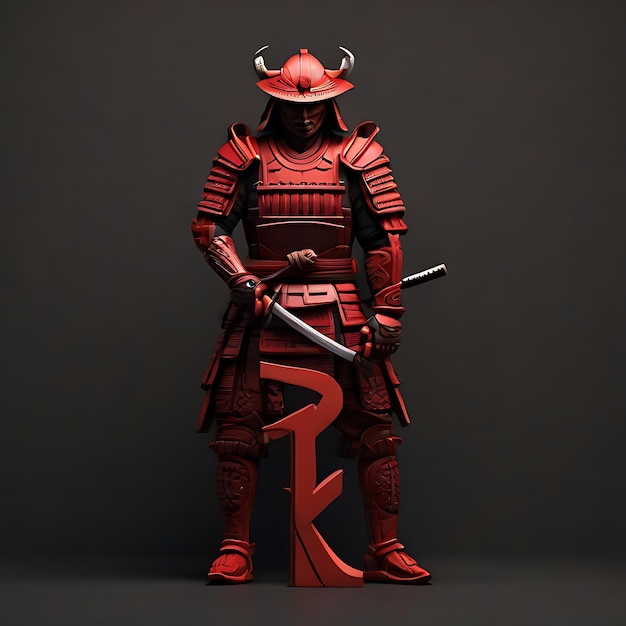 Buchstabe R in 3D-Rot mit einem Samurai auf schwarzem Hintergrund KI