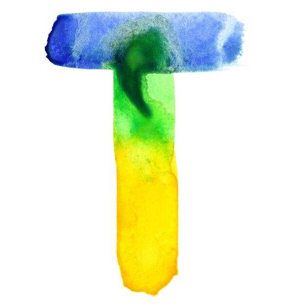 Buchstabe T - Lebendiges Aquarell-Alphabet. Farben ähneln der Flagge Brasiliens