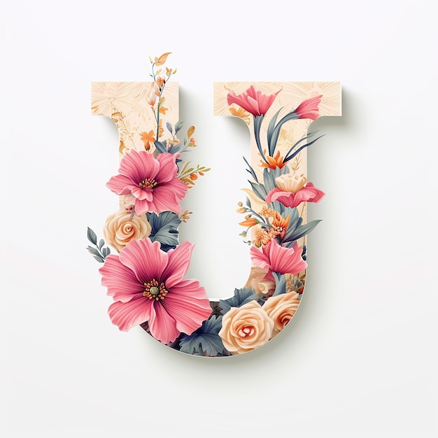 Buchstabe U mit floralem Alphabet-Design auf weißem, isoliertem Hintergrund