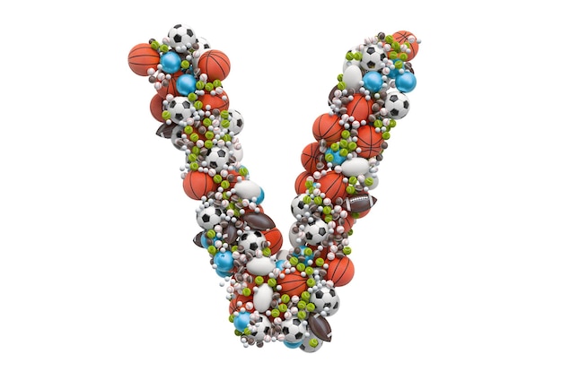 Buchstabe V aus Sportspielbällen 3D-Rendering