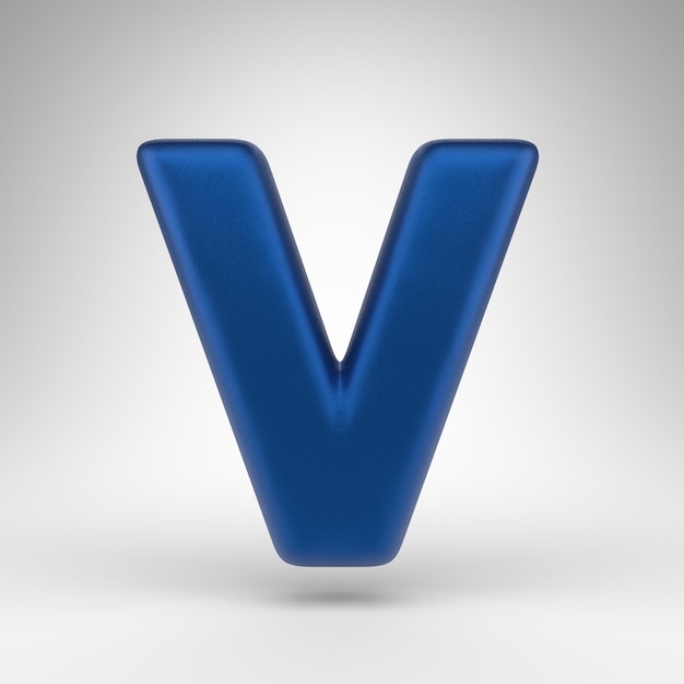 Buchstabe V Großbuchstaben auf weißem Hintergrund. Anodisierte blaue 3D-gerenderte Schriftart mit matter Textur.