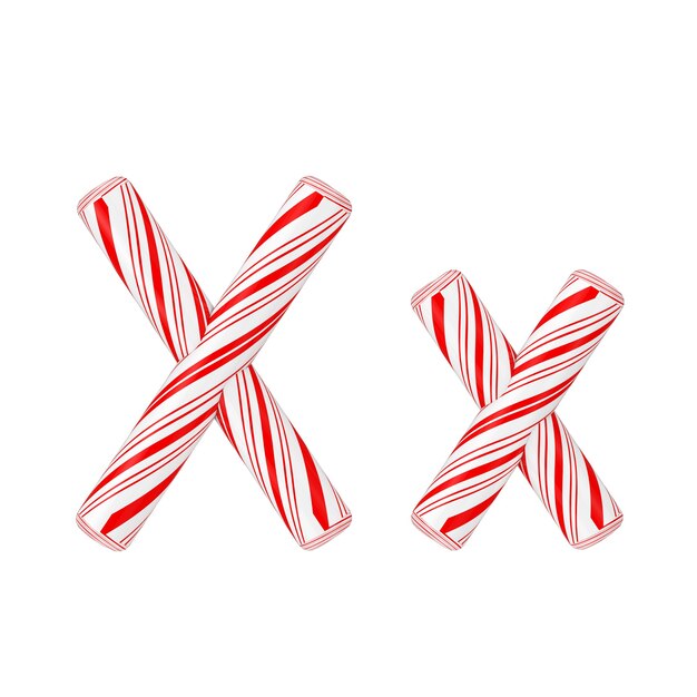 Foto buchstabe x mint candy cane alphabet collection gestreift in roter weihnachtsfarbe auf weißem hintergrund. 3d-rendering