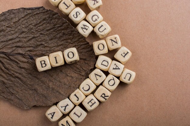 Buchstabenwürfel aus Holz um Blatt herum