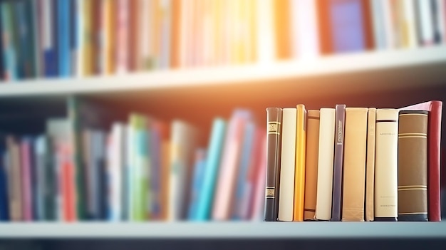 Buchstapel im Bibliotheksraum und verschwommenes Bücherregal für Wirtschaft und Bildung zurück Generative KI