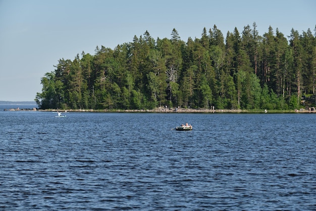 Bucht am Ladogasee im Sommer Der Mensch segelt mit dem Ruderboot auf dem Wasser gegen Nadelwald