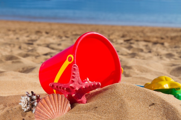 Bucjket mit Muscheln im Sand am Meer am sonnigen Sommertag