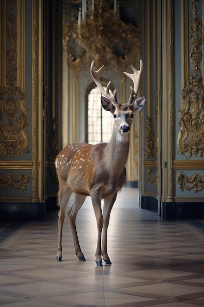 Foto buck hirsche in einer halle eines eleganten palastes