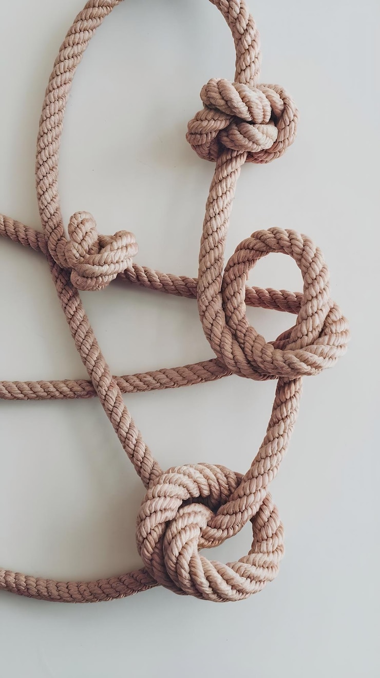 Foto bucle de cuerda y nudos aislados sobre fondo blanco