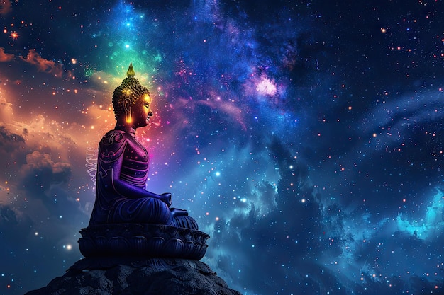 Foto buda chakra meditando no espaço com sete chakras