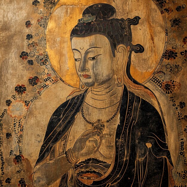 Foto buda do tathagata dunhuang grottoes mogao pintura mural linhas lisas preto