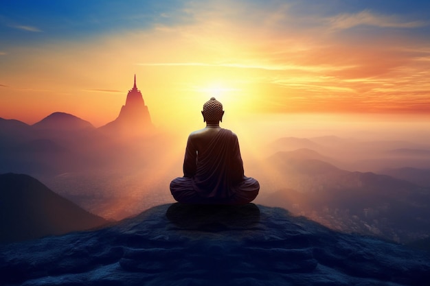 Buda em uma pose de meditação contra altas montanhas e o sol nascente Generative AI