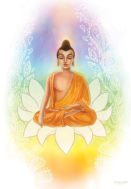 Buda iluminado sentado y meditando ilustración de arte de colores de Buda