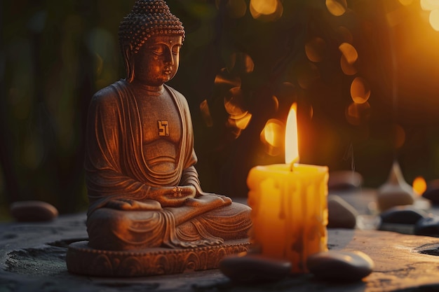 Buda en meditación con una vela encendida Buda en meditacion