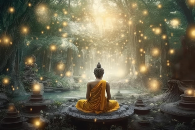 Un buda meditando en un bosque con luces de fondo