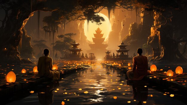 Buda en la noche con una vela en el fondo